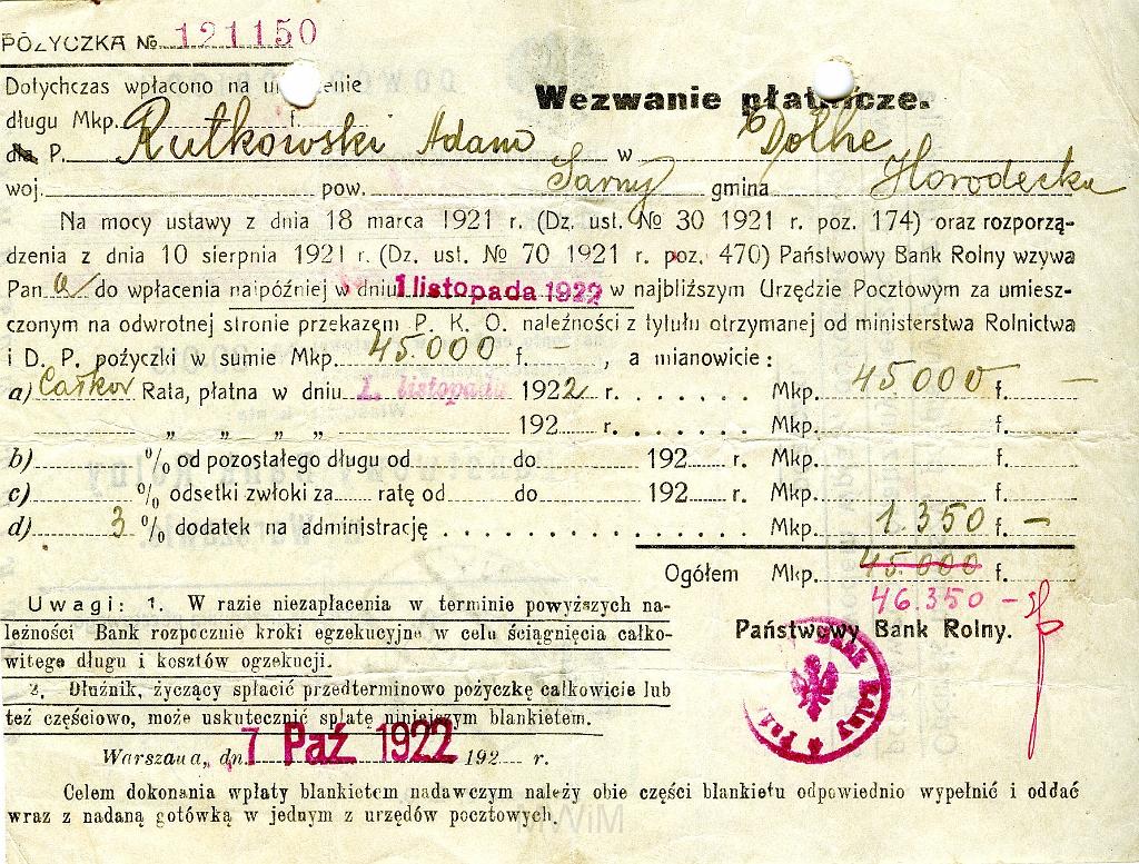 KKE 3521-a.jpg - Dokument. Adam Rutkowski zwrot raty pożyczki, 1922 r.